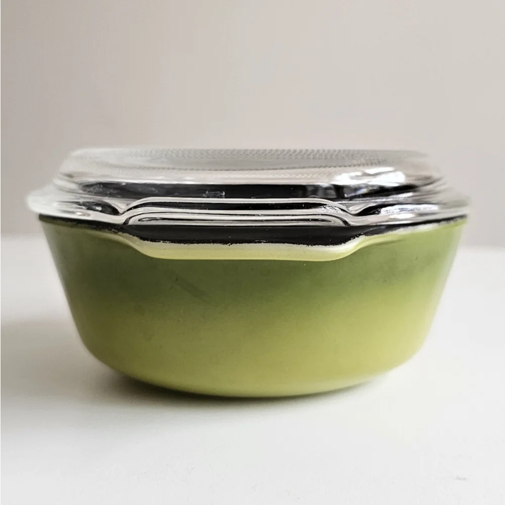 Vintage Anchor Hocking Fire-King 12 oz Olive Green Teflon Ovenware Dish w/ Glass